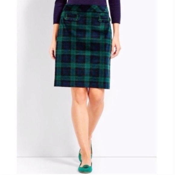 Talbots Skirt Tartan Watch Plaid Velvet Ruffle Pockets Blue Green Holiday Stretc - Picture 2 of 12